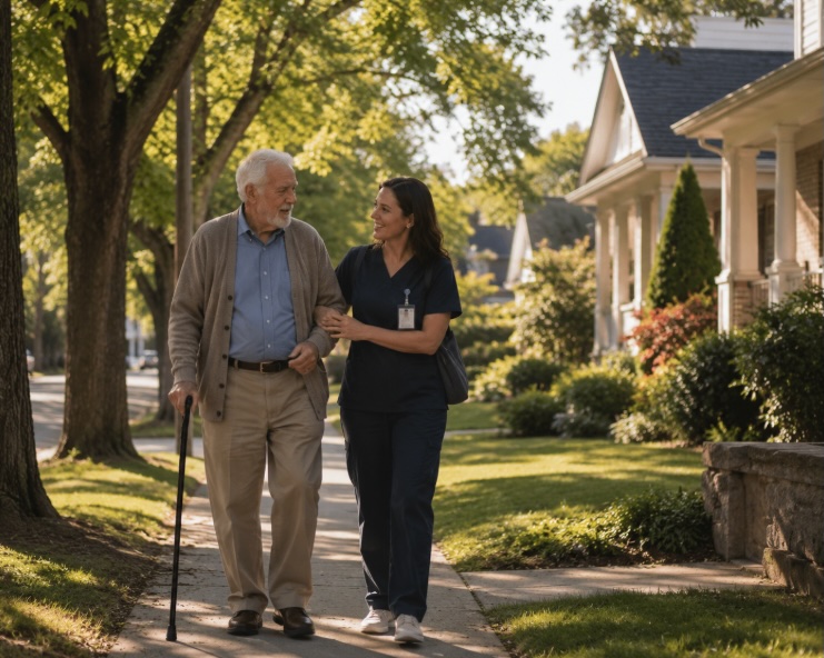 An elderly man walking outdoors with a caregiver assisting him safely through a residential neighborhood