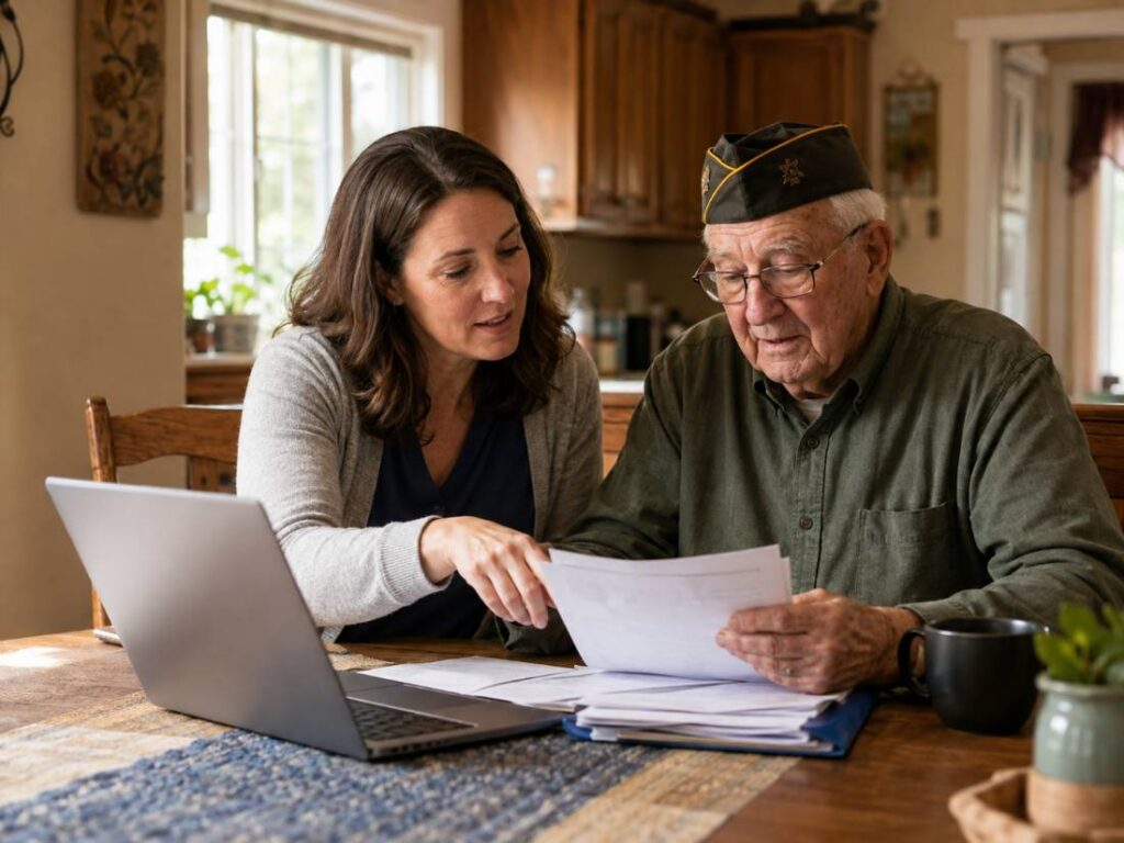 Family reviewing VA home care application steps together at home