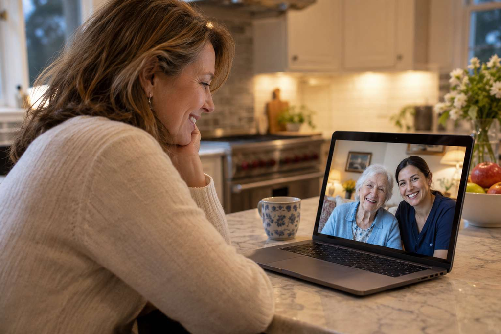 Adult daughter checking in by video call with her mother and caregiver
