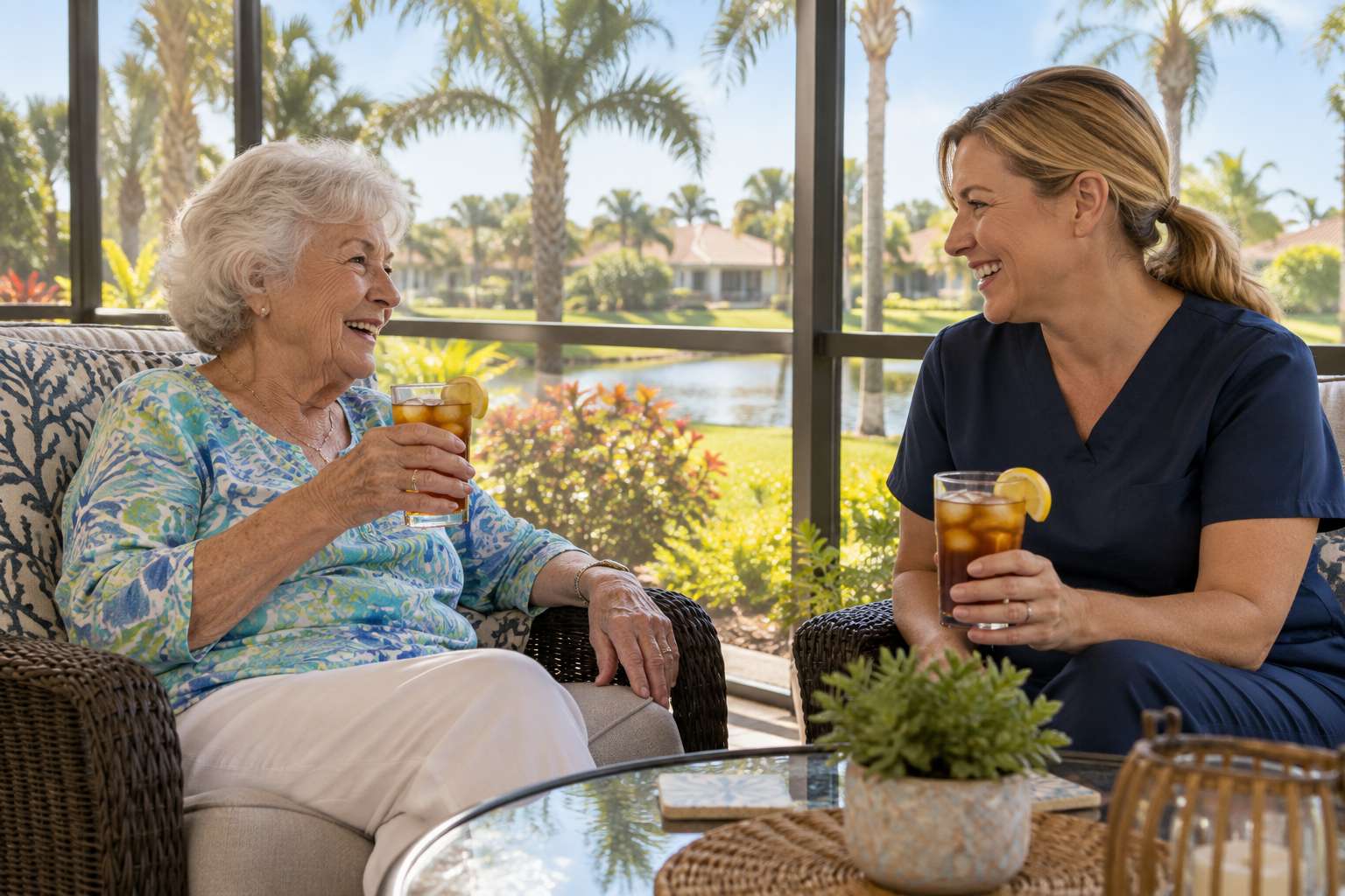 Caregiver sharing iced tea with a senior woman at her Florida home