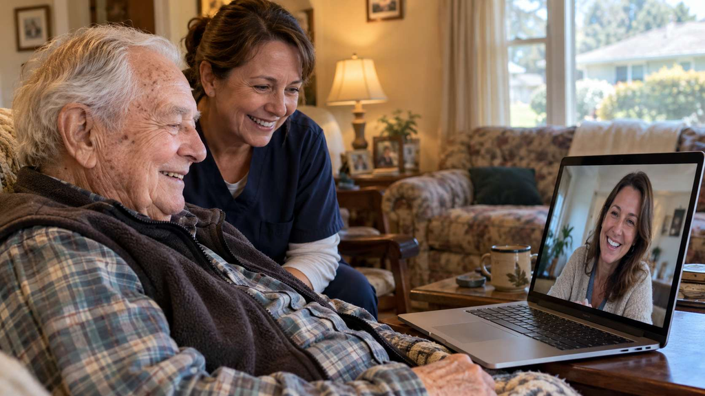 Senior father and caregiver on a video call with his daughter in Silver Ridge Park, Toms River