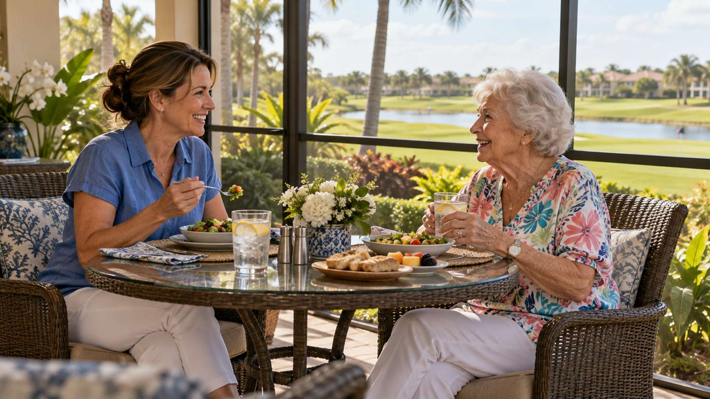 Caregiver and senior woman having lunch on a lanai at The Brooks in Estero, FL