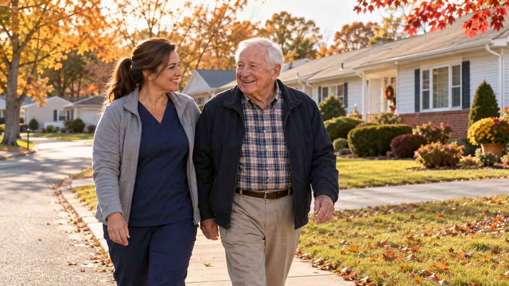 Caregiver walking with a senior man in a Holiday City neighborhood in Toms River, NJ