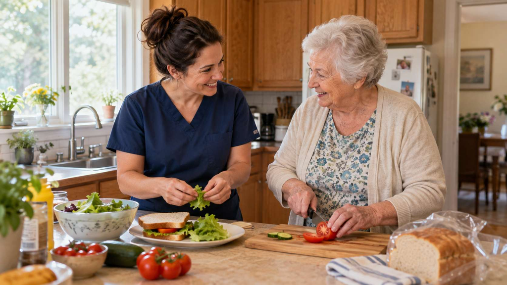 Caregiver helping a senior woman make lunch at home in Berkeley Township, NJ