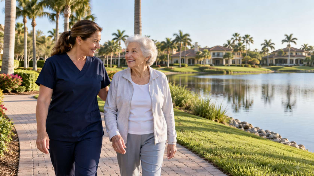 Caregiver walking with a senior woman beside a lake in an Estero, FL community