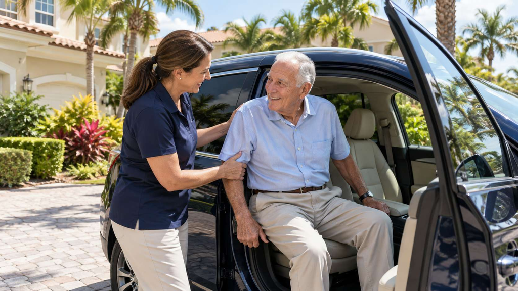 Caregiver helping a senior man into a car outside a coach home in Pelican Sound, Estero